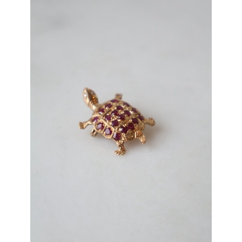 Vintage Natural Ruby Diamond Eye Turtle Pin 14k Gold Tortoise Marine Life Animal